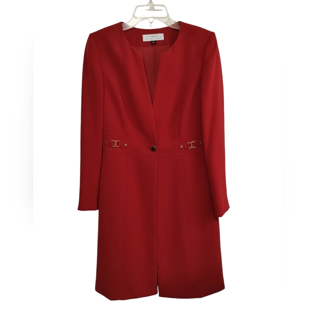 3016) Tahari A.S.L Red Single Button Trench Coat Size 4